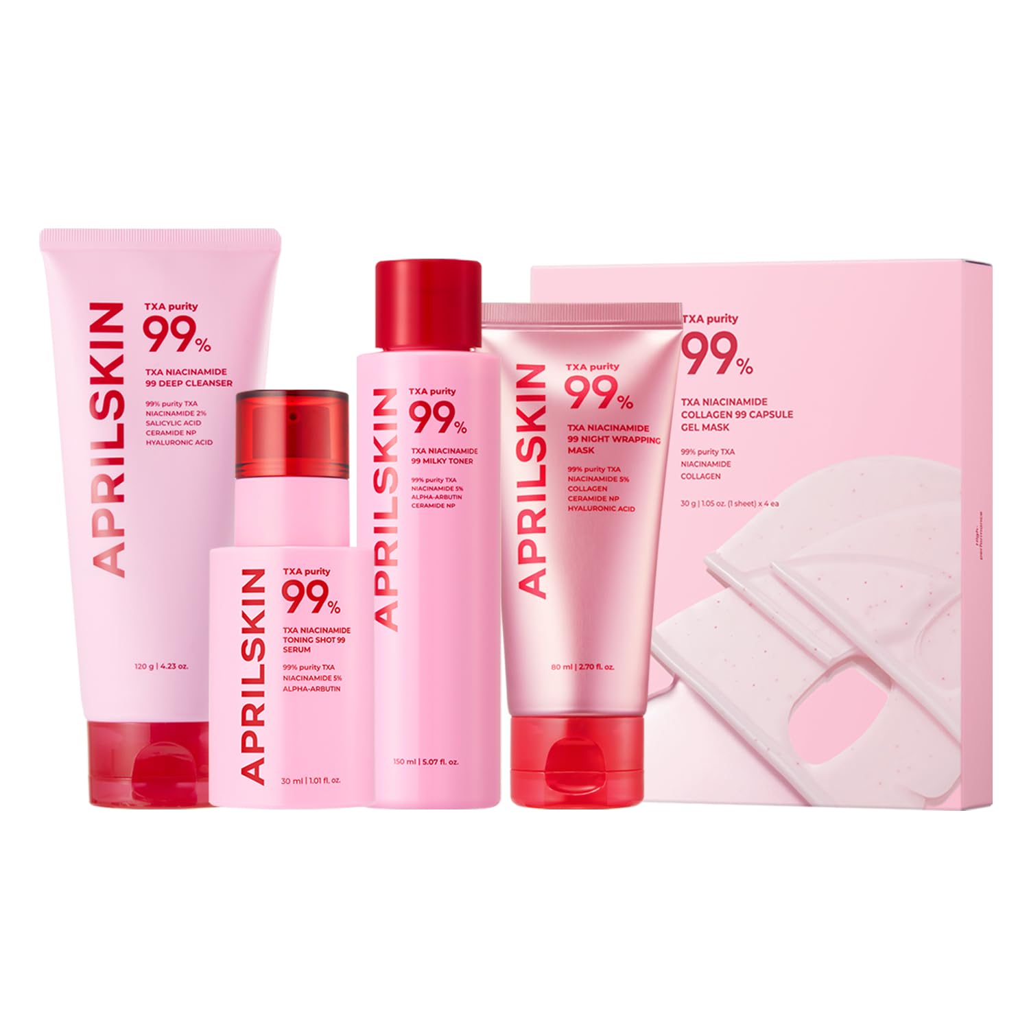 APRILSKIN TXA Pink Skincare Full Set: Bubble Gum Deep Cleanser, Toning Shot Spicule Facial Serum, Pink Milky Toner, Overnight Wrapping Mask and Capsule Gel Mask