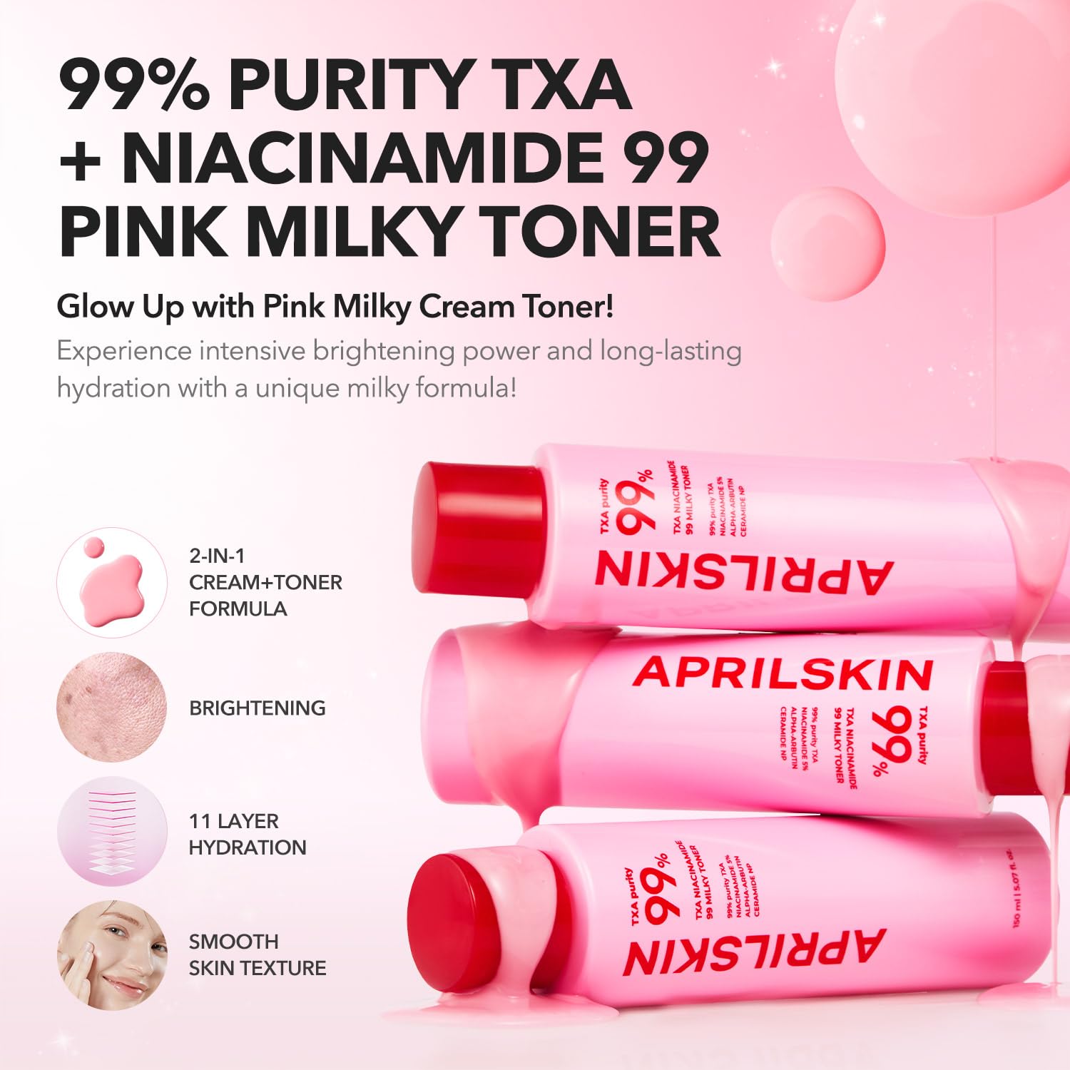 APRILSKIN TXA Pink Skincare Full Set: Bubble Gum Deep Cleanser, Toning Shot Spicule Facial Serum, Pink Milky Toner, Overnight Wrapping Mask and Capsule Gel Mask