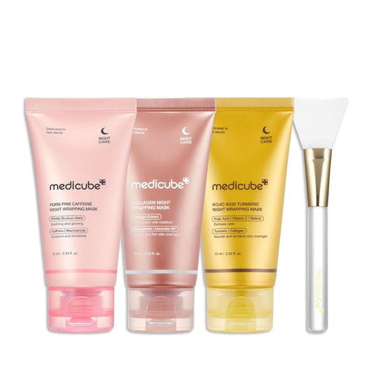 medicube Korean Overnight Glow Mask Trio:PDRN Caffeine & Collagen & Kojic Acid Turmeric Overnight Wrapping Peel Off Facial Mask and Jelly Brush