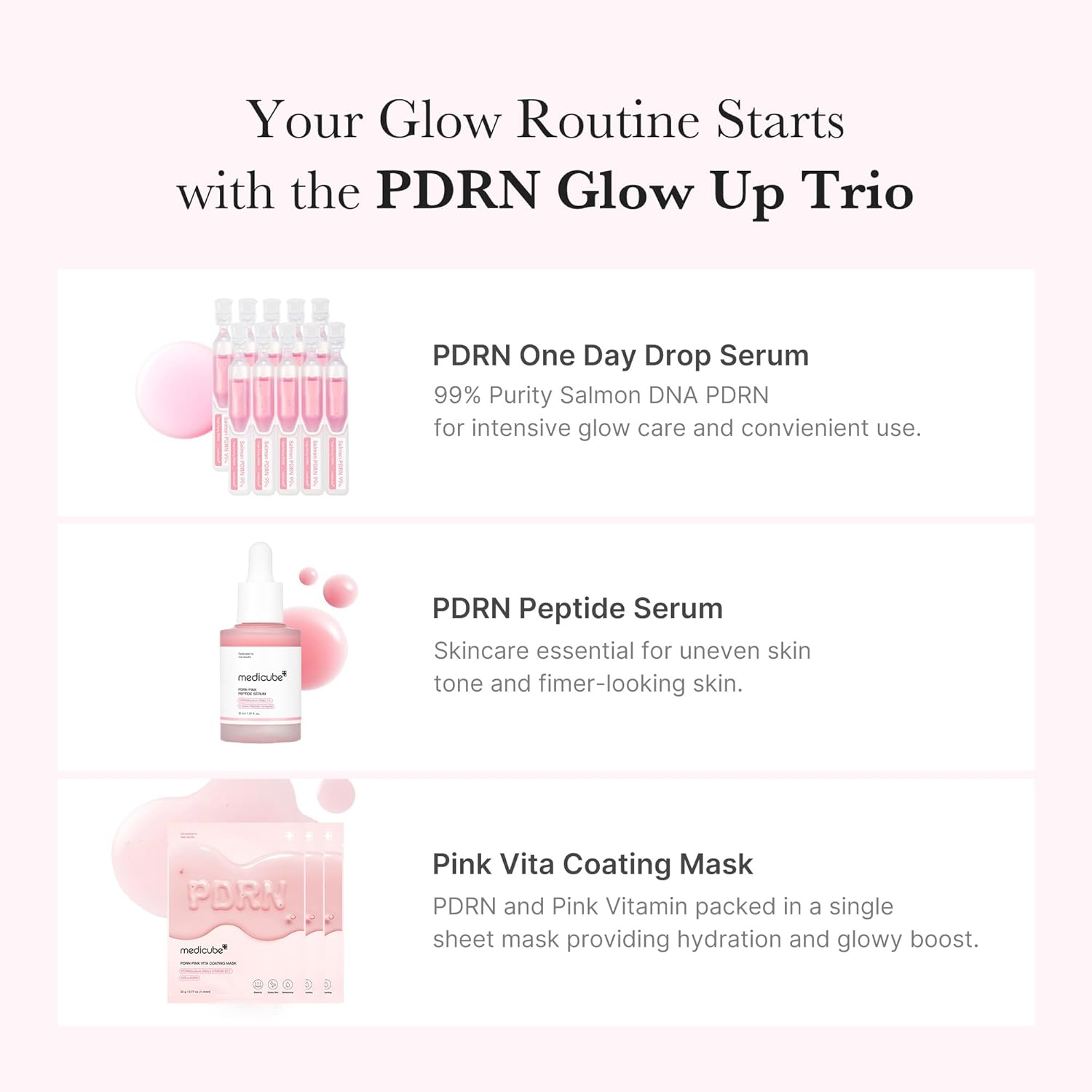 medicube Pink PDRN Trio Gift Set for Glass Glow Skin -Hydrating, Firming, and Radiance-Boosting Skincare Set for Women & Girls | With Salmon DNA PDRN, Peptides and Pink Vitamin | Korean Skincare