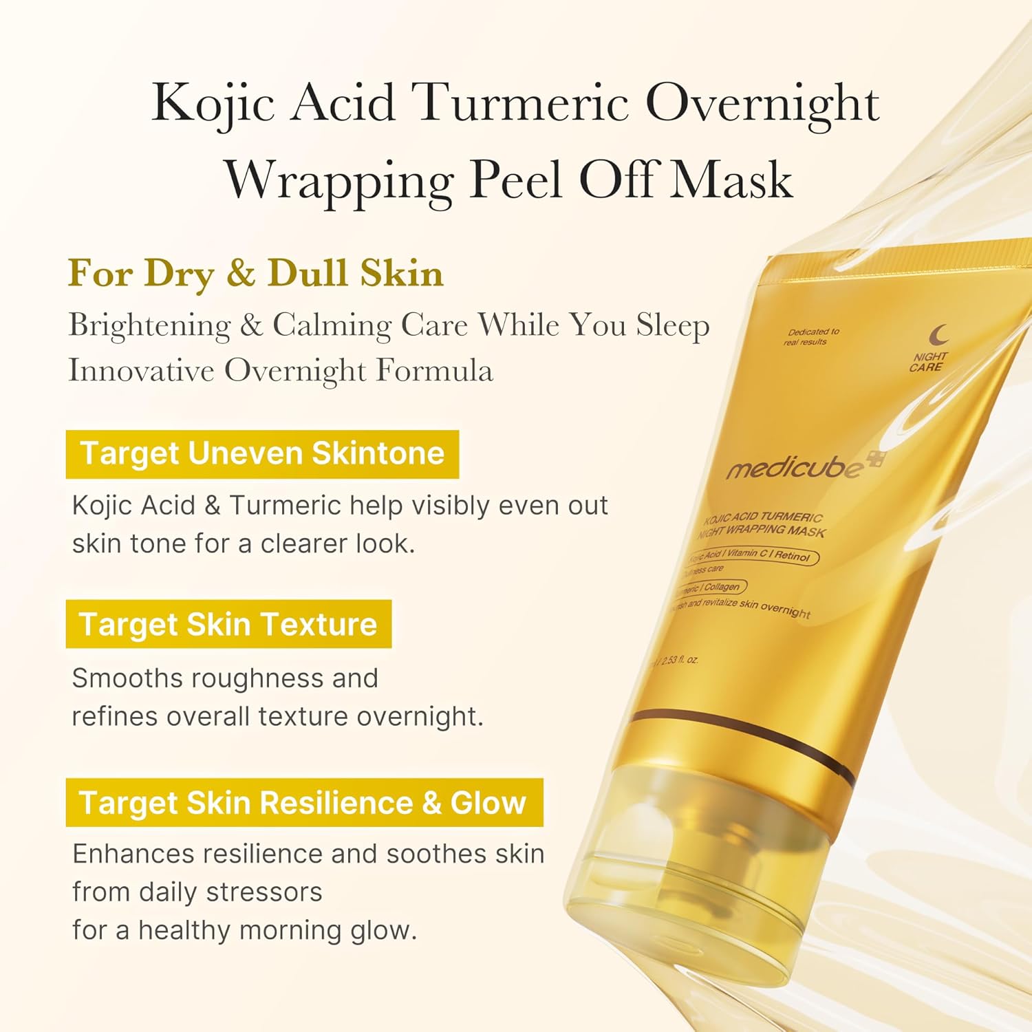 medicube Korean Overnight Glow Mask Trio:PDRN Caffeine & Collagen & Kojic Acid Turmeric Overnight Wrapping Peel Off Facial Mask and Jelly Brush